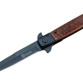 Fs 902 Siyah Kamp Çakı 23cm- Yarı Otomatik, Ejderha Motifli Ahşap Sap, Kemerlikli
