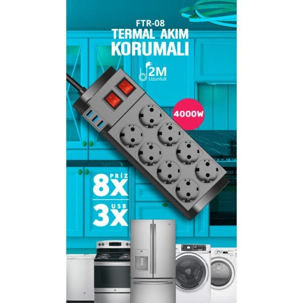 Fulltech Ftr-08 8’li Termal Akım Korumalı 3 Usb Li Priz (K0) - Görsel 3