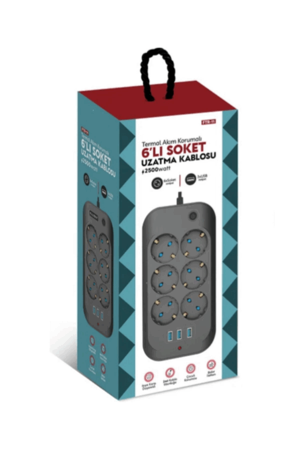 Termal Akım Korumalı, Çocuk Korumalı, 6’lı 2 Mt Uzatma Kablosu 6 X Priz, 3 X Usb - Görsel 2
