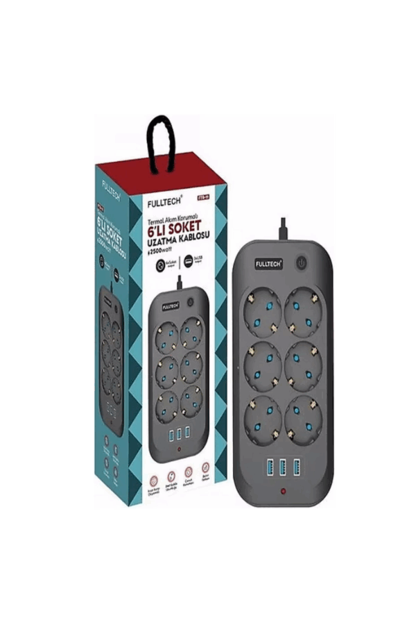 Termal Akım Korumalı, Çocuk Korumalı, 6’lı 2 Mt Uzatma Kablosu 6 X Priz, 3 X Usb - Görsel 3