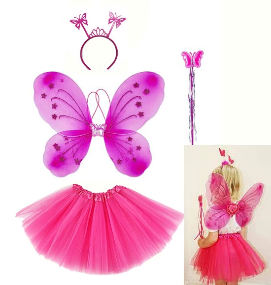 Fuşya Kelebek Kostümü 4 Parça Kanat, Taç, Asa, Etek Gösteri ve Parti Seti - Görsel 2