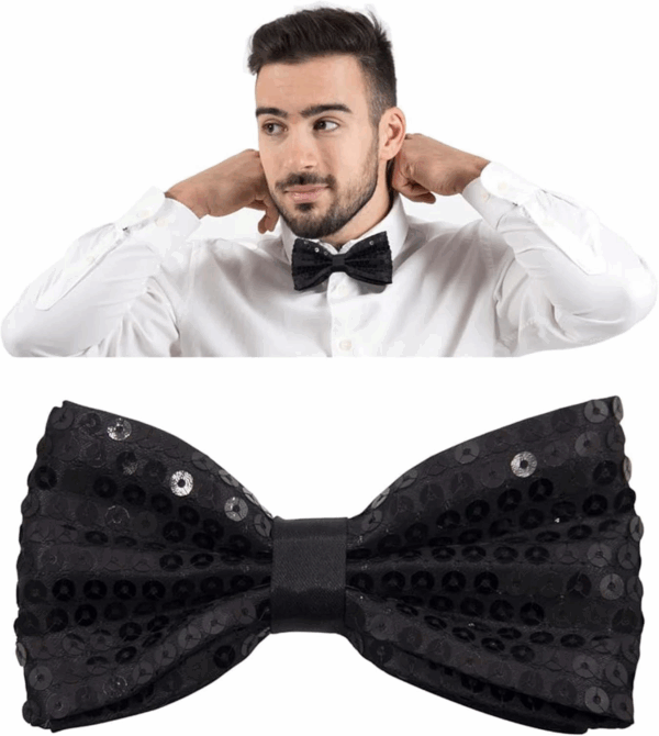 Gece Işıltısı Siyah Payetli Pullu Papyon 7x2 Cm - Görsel 2