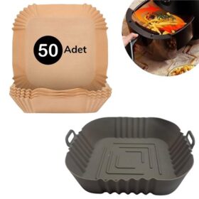 Gri Kare Pişirme Matı 20 Cm Ve 50 Adet Tek Kullanımlık Kare Tabak Model Pişirme Kağıdı (K0)