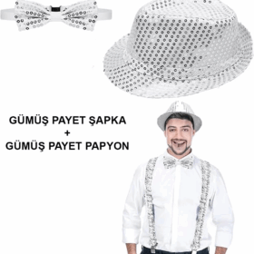 Gümüş Payetli Şapka Ve Papyon Seti – Parıltılı Yetişkin Kostüm Seti