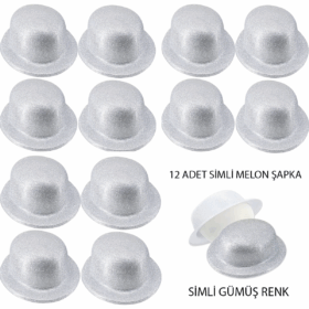 Gümüş Renk Simli Melon Yulak Parti Şapkası 12 Adet