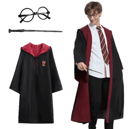Çocuk Harry Potter Gryffindor Kapişonlu Çocuk Kostüm + Asa + Gözlük Seti 5-6 Yaş