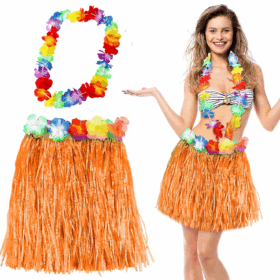 Hawaii Luau Aloha Turuncu Püsküllü 40 Cm Etek Ve Hawaii Kolye Seti