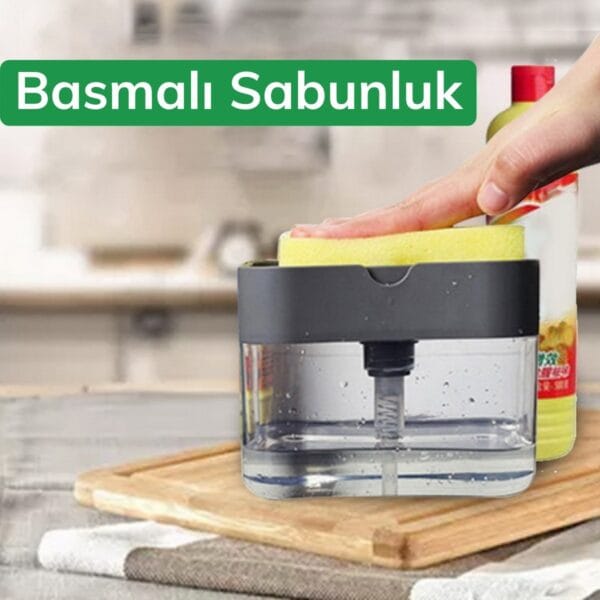 İkisi Bir Arada Basmalı Pratik Sıvı Sabunluk Pompası ve Bulaşık Yıkama Süngeri Haznesi (K0) - Görsel 5