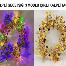 Kalp Püsküllü Gece Parıltısı 3 Modlu Led39li Işıklı Taç Altın Renk