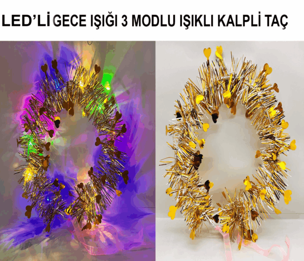 Kalp Püsküllü Gece Parıltısı 3 Modlu Led39li Işıklı Taç Altın Renk - Görsel 2