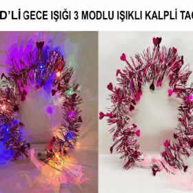 Kalp Püsküllü Gece Parıltısı 3 Modlu Led39li Işıklı Taç Fuşya Renk