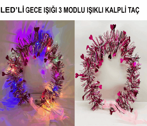 Kalp Püsküllü Gece Parıltısı 3 Modlu Led39li Işıklı Taç Fuşya Renk - Görsel 3