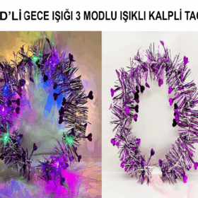 Kalp Püsküllü Gece Parıltısı 3 Modlu Led39li Işıklı Taç Mor Renk