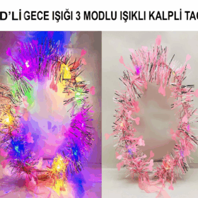Kalp Püsküllü Gece Parıltısı 3 Modlu Led39li Işıklı Taç Pembe Renk