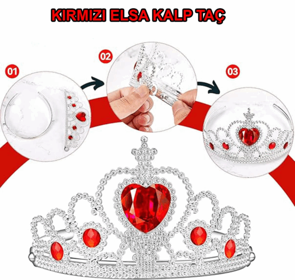 Kalp Taşlı Kırmızı Renk Karlar Ülkesi Elsa Anna Frozen Tacı - Görsel 3
