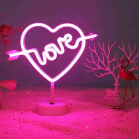 Kalpli Love Yazılı Dekoratif Neon Pilli Led Masa ve Gece Lambası (K0)