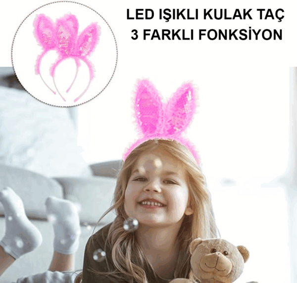 Kenarları Dantelli Fuşya Pullu Payetli Led Işıklı Tavşan Kulak Taç 23x19 Cm - Görsel 4