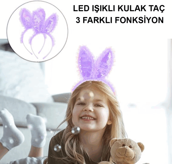 Kenarları Dantelli Mor Pullu Payetli Led Işıklı Tavşan Kulak Taç 23x19 Cm - Görsel 4