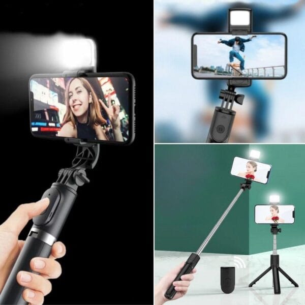 Kendiliğinden Işıklı Masaüstü Tripod Olabilen Telefon Tutuculu Kablosuz Kumandalı Selfie Çubuğu (K0) - Görsel 2