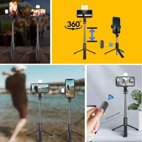 Kendiliğinden Işıklı Masaüstü Tripod Olabilen Telefon Tutuculu Kablosuz Kumandalı Selfie Çubuğu (K0) - Görsel 5