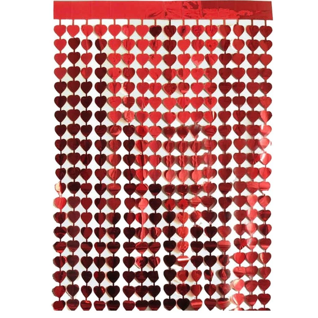 Çocuk Kırmızı Renk Kalp Şekilli Metalize Saçaklı Arka Fon Perde Dekorasyon - Görsel 3