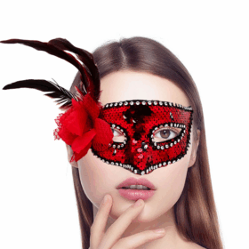 Kırmızı Renk Yandan Tüylü Güllü Gümüş Taşlı Pullu Maske 20x22 Cm
