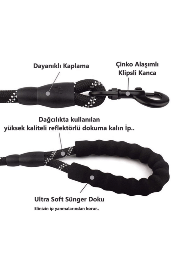 Köpekler İçin Gezdirme Tasması Reflektörlü 130 Cm Halat Orta Ve Büyük Boy Köpekler İçin Siyah - Görsel 4