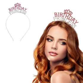 Kristal Taşlı Pembe Birthday Princess Yazılı Parti Tacı 19x11 cm (K0)