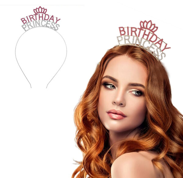 Kristal Taşlı Pembe Birthday Princess Yazılı Parti Tacı 19x11 cm (K0)