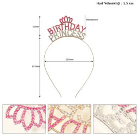 Kristal Taşlı Pembe Birthday Princess Yazılı Parti Tacı 19x11 cm (K0)