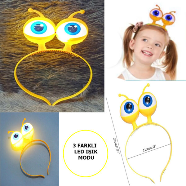 Led Işıklı &amp;amp;amp; Pilli 3 Farklı Modda Yanan Uzaylı Göz Parti Tacı Sarı Renk 18x12 cm (K0)