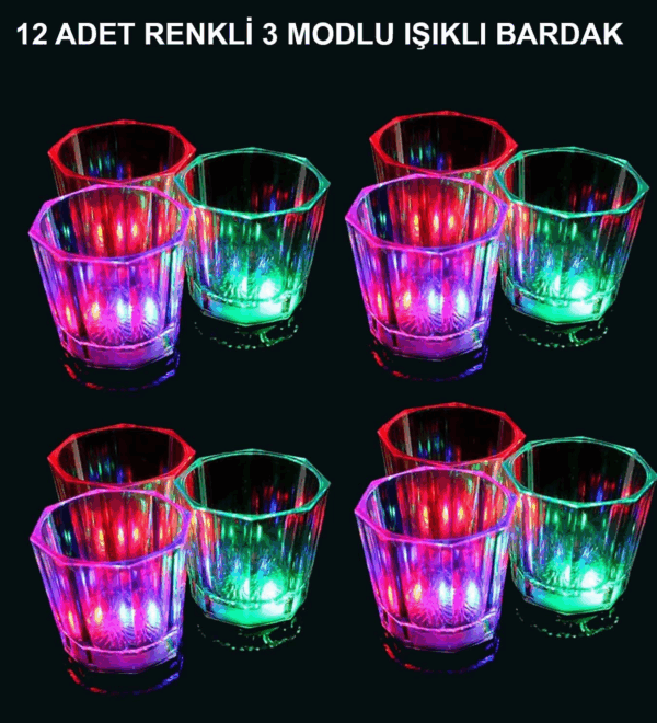 Led Işıklı Eğlence Bardakları - 3 Modlu Renk Değiştiren Bardak 12 Adet