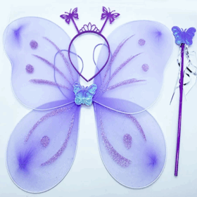 Lila Mor Kelebek Kız Seti – 50 Cm Kelebek Kanadı, Taç Ve Asa