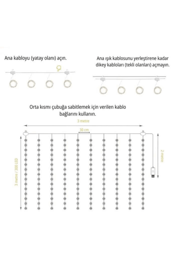 Lw-7 300 Ledli 10 Sarkıt Perde Led Işık, 8 Modlu Uzaktan Kumandalı, 3x3 Metre Peri Telli Led - Görsel 3