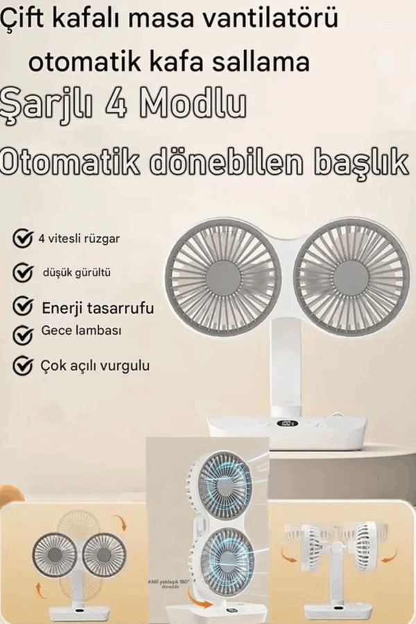 Masaüstü Dijital Ekranlı Çift Fanlı Led Işıklı Soğutucu Fan Ev Ofis Şarjlı Vantilatör - Görsel 6