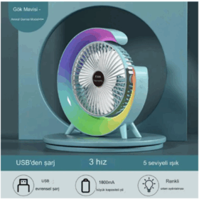 Masaüstü Vantilatör Usb Şarjlı Rgb Led Işıklı 3 Kademeli 180° Ayarlanabilir Soğutucu Fan Mavi