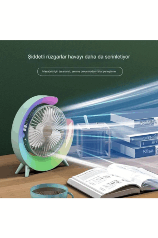 Masaüstü Vantilatör Usb Şarjlı Rgb Led Işıklı 3 Kademeli 180° Ayarlanabilir Soğutucu Fan Mavi - Görsel 5