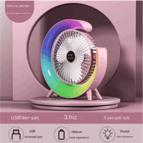 Masaüstü Vantilatör Usb Şarjlı Rgb Led Işıklı 3 Kademeli 180° Ayarlanabilir Soğutucu Fan Pembe