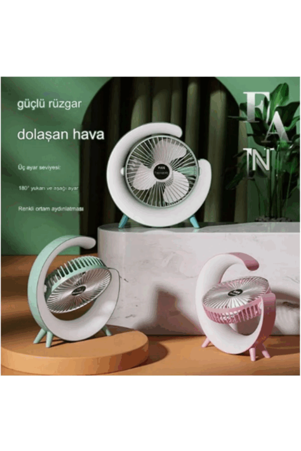 Masaüstü Vantilatör Usb Şarjlı Rgb Led Işıklı 3 Kademeli 180° Ayarlanabilir Soğutucu Fan Pembe - Görsel 6