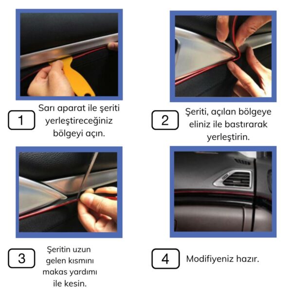Mavi Araba Oto Trim Dekorasyon Şeridi Kauçuk Elastik Kolay Kurulum 5 metre Şerit Bant (K0) - Görsel 3