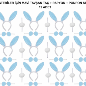Mavi Tavşan Kostüm Seti – Taç, Papyon, Ponpon (12’li Paket)