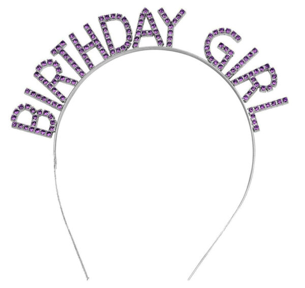Mor Renk Kristal Taşlı Parlak Birthday Girl Yazılı Taç 16x17 cm (K0)