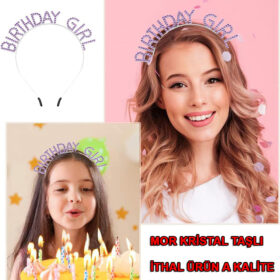 Mor Renk Kristal Taşlı Parlak Birthday Girl Yazılı Taç 16x17 cm (K0)