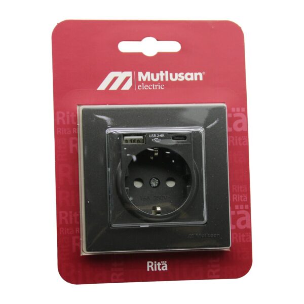 MUTLUSAN RİTA-2220 629 0295 BLİSTERLİ - KARTLI FÜME - USB + TYPE-C &amp;apos; Lİ TOPRAKLI PRİZ ÇERÇEVELİ (K0)