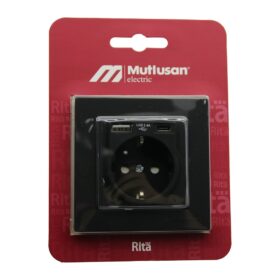 MUTLUSAN RİTA-2220 629 0284 BLİSTERLİ - KARTLI SİYAH - USB + TYPE-C &amp;apos; Lİ TOPRAKLI PRİZ ÇERÇEVELİ (K0)
