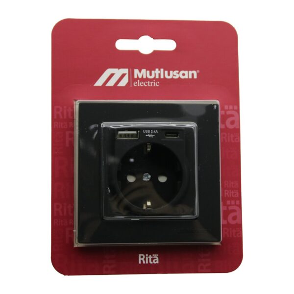 MUTLUSAN RİTA-2220 629 0284 BLİSTERLİ - KARTLI SİYAH - USB + TYPE-C &amp;apos; Lİ TOPRAKLI PRİZ ÇERÇEVELİ (K0)