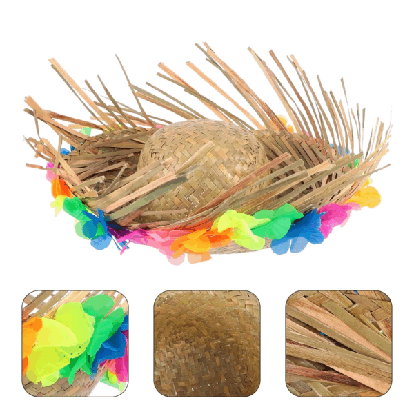 Naturel Renk Püsküllü Örme Hasır Hawaii Luau Aloha Şapka 13x36 Cm - Görsel 3