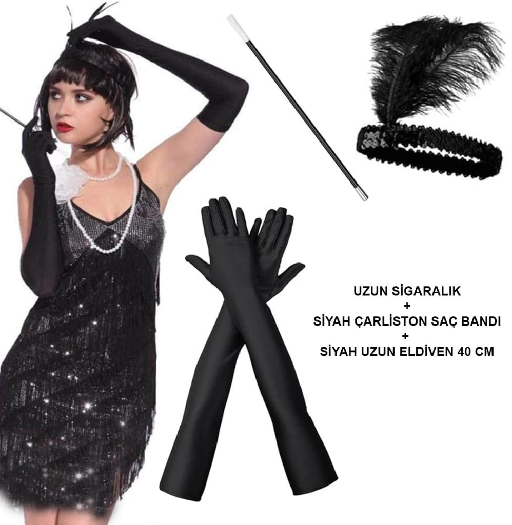 Gatsby Aksesuar Seti Siyah Charleston Saç Bandı Uzun Eldiven ve Sigaralık - Görsel 2