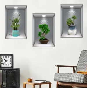 Eğitici Oyuncak 3D Çiçek Vazo Duvar Sticker 3 lü Set GRİ Fon