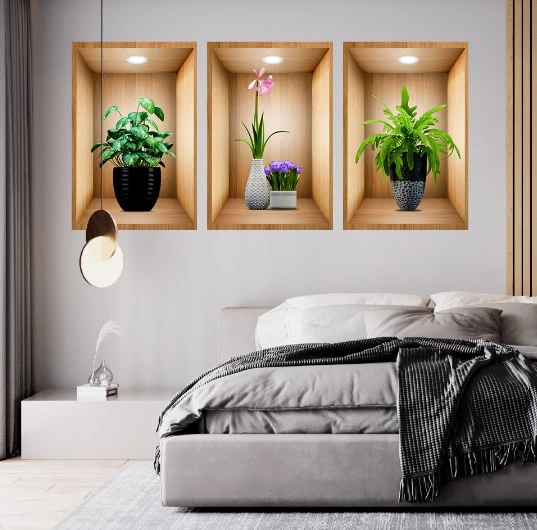 Eğitici Oyuncak 3D Çiçek Vazo Duvar Sticker 3 lü Set Kahverengi Fon